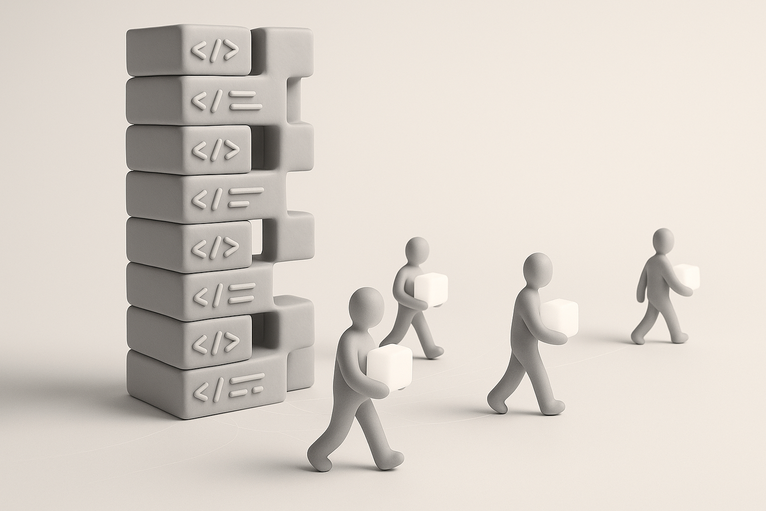 A tower of code blocks with grey figures walking away carrying glowing cubes — the reasons and decisions leaving with the engineers who made them