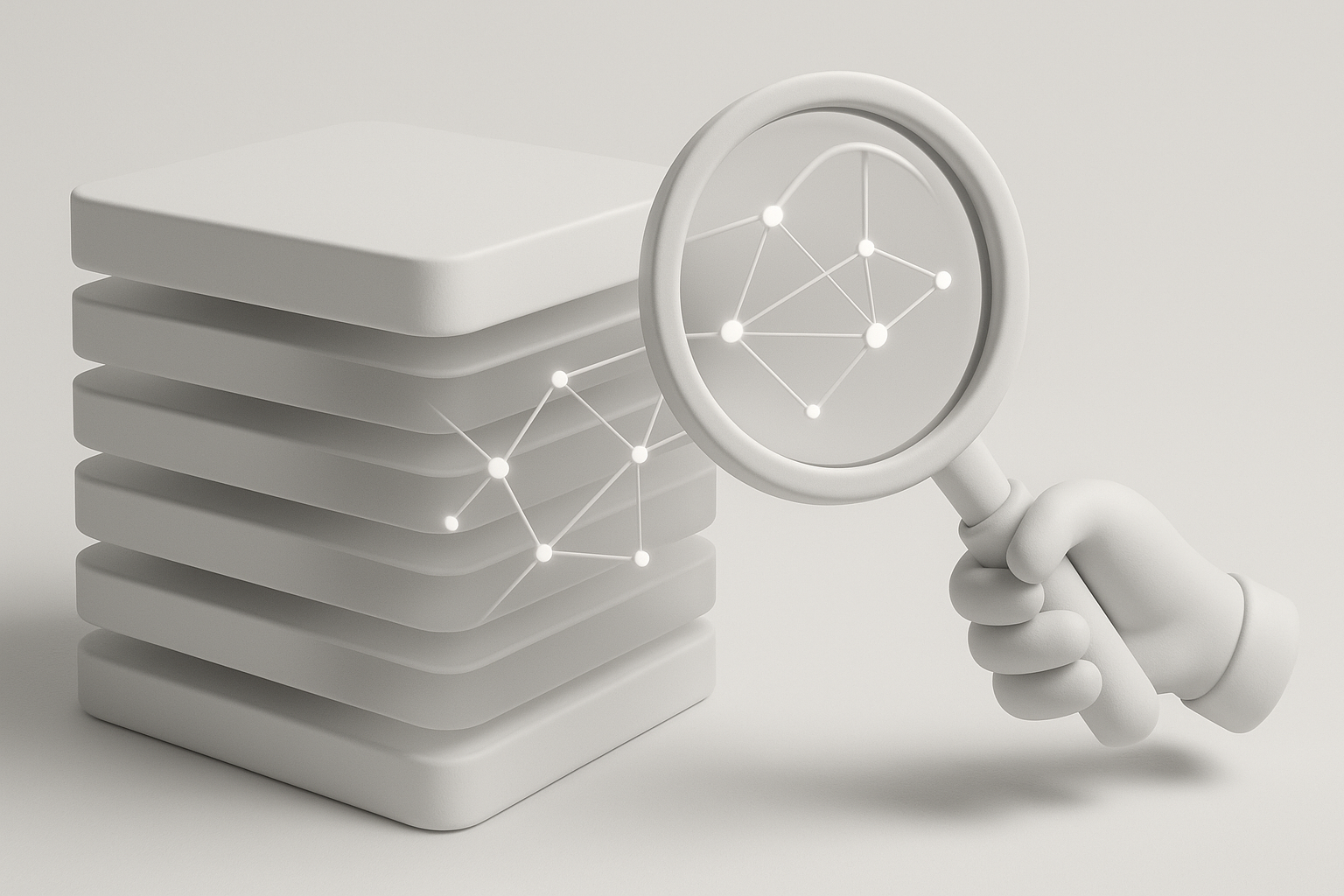 A layered software system examined through an independent magnifying lens held apart from the structure, revealing the hidden connections within