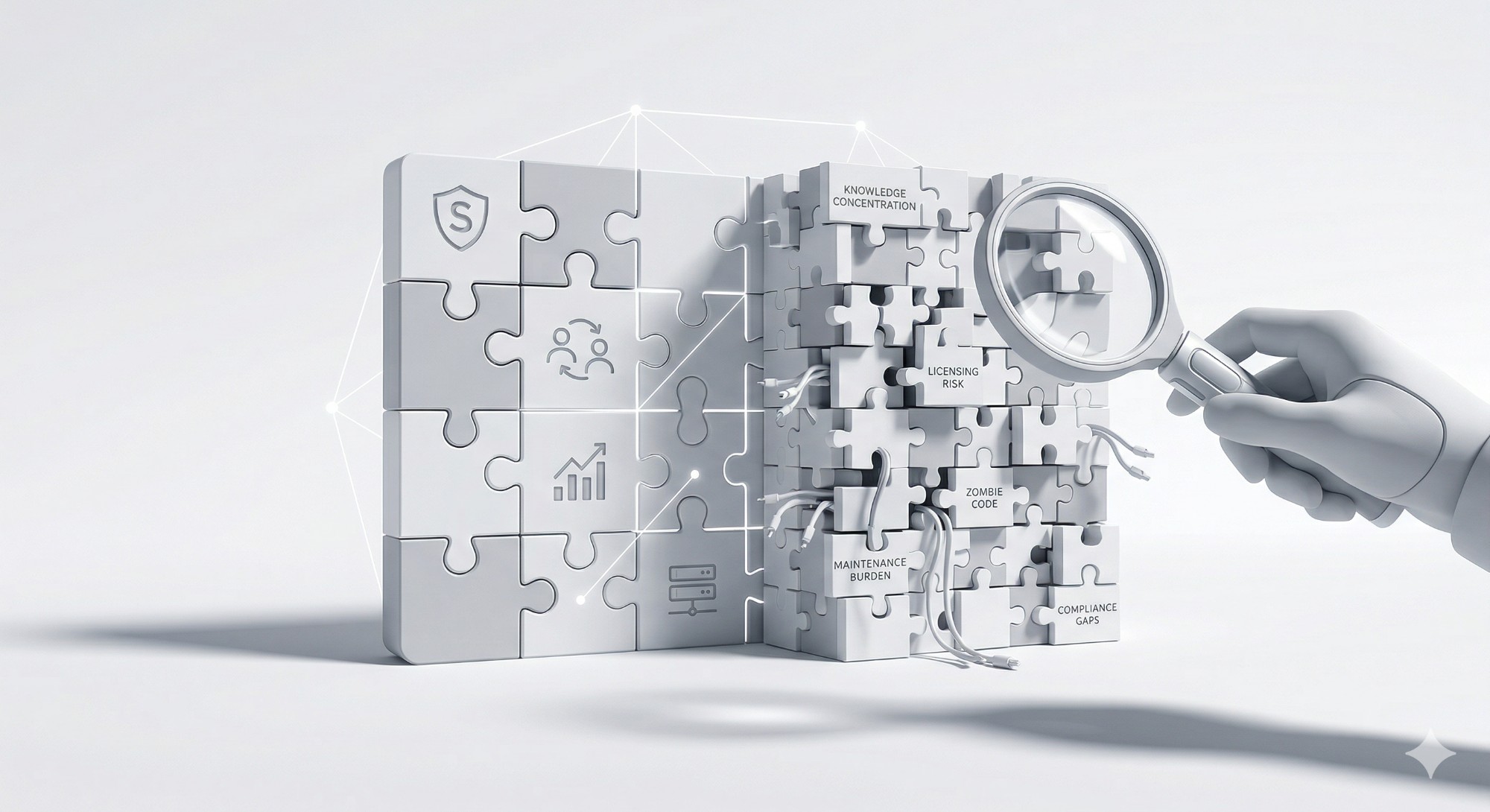 Tech due diligence misses: a clean puzzle grid on the left vs. a tangled cluster of risk pieces — knowledge concentration, licensing risk, zombie code, maintenance burden, compliance gaps — being examined under a magnifying glass