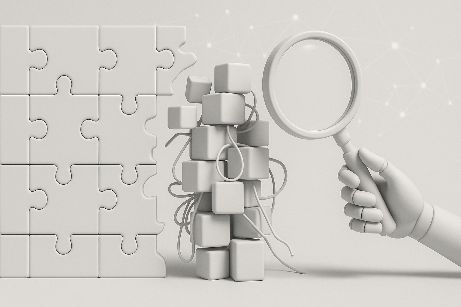 A small blank presentation slide dwarfed by a vast network of faint grey nodes — the real AI footprint of a system, far larger than the inventory anyone can describe