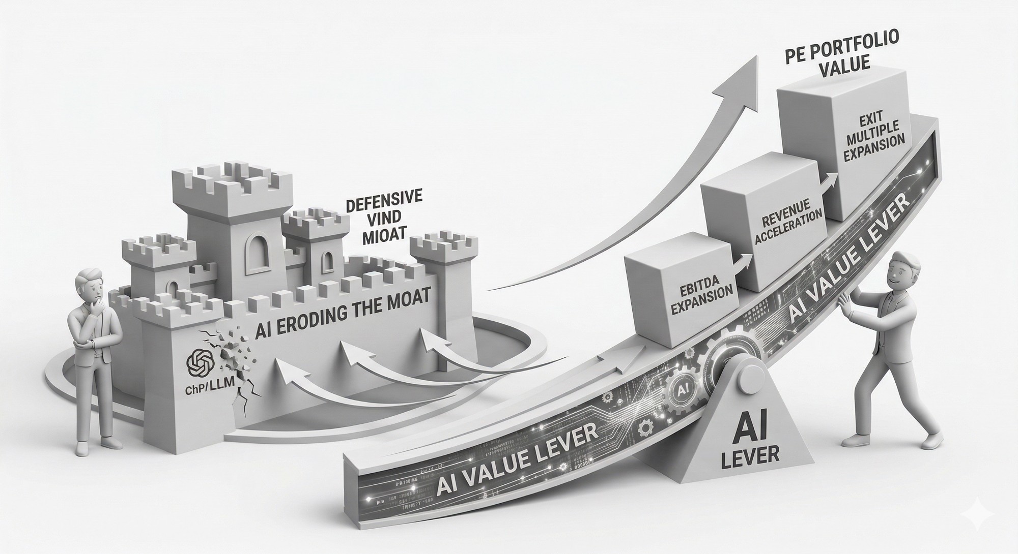 AI eroding the defensive moat on one side while an AI value lever drives EBITDA expansion, revenue acceleration, and exit multiple expansion into PE portfolio value