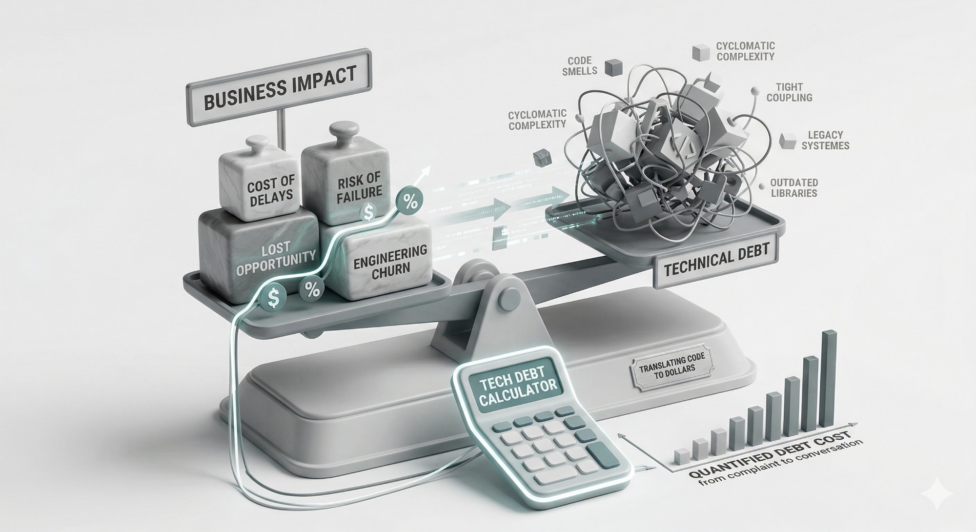 Quantifying technical debt: business impact on one side of the scale, tangled technical debt on the other, connected by a tech debt calculator